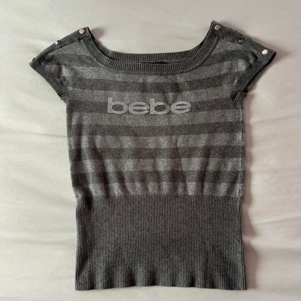 Grey ‘Bebe’ Rhinestone Short Sleeve Sweater