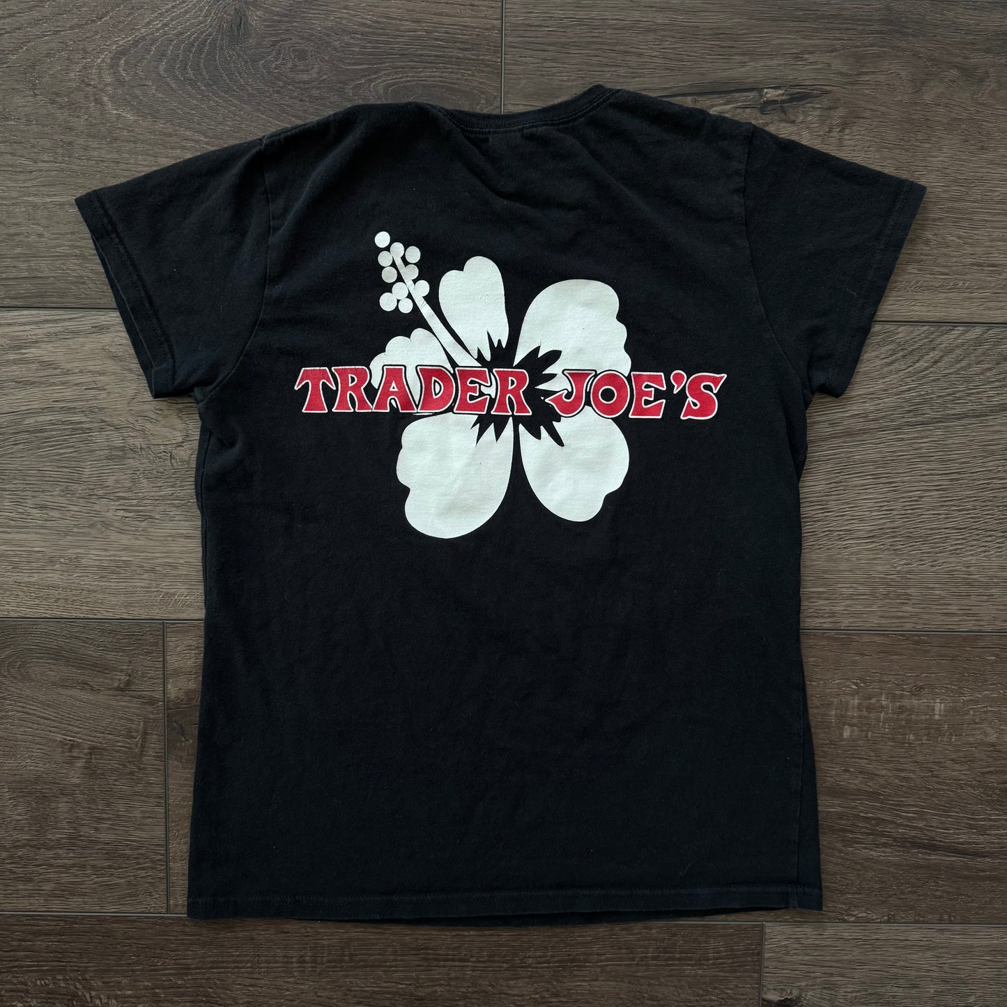 black & red trader joe’s hibiscus flower graphic shirt