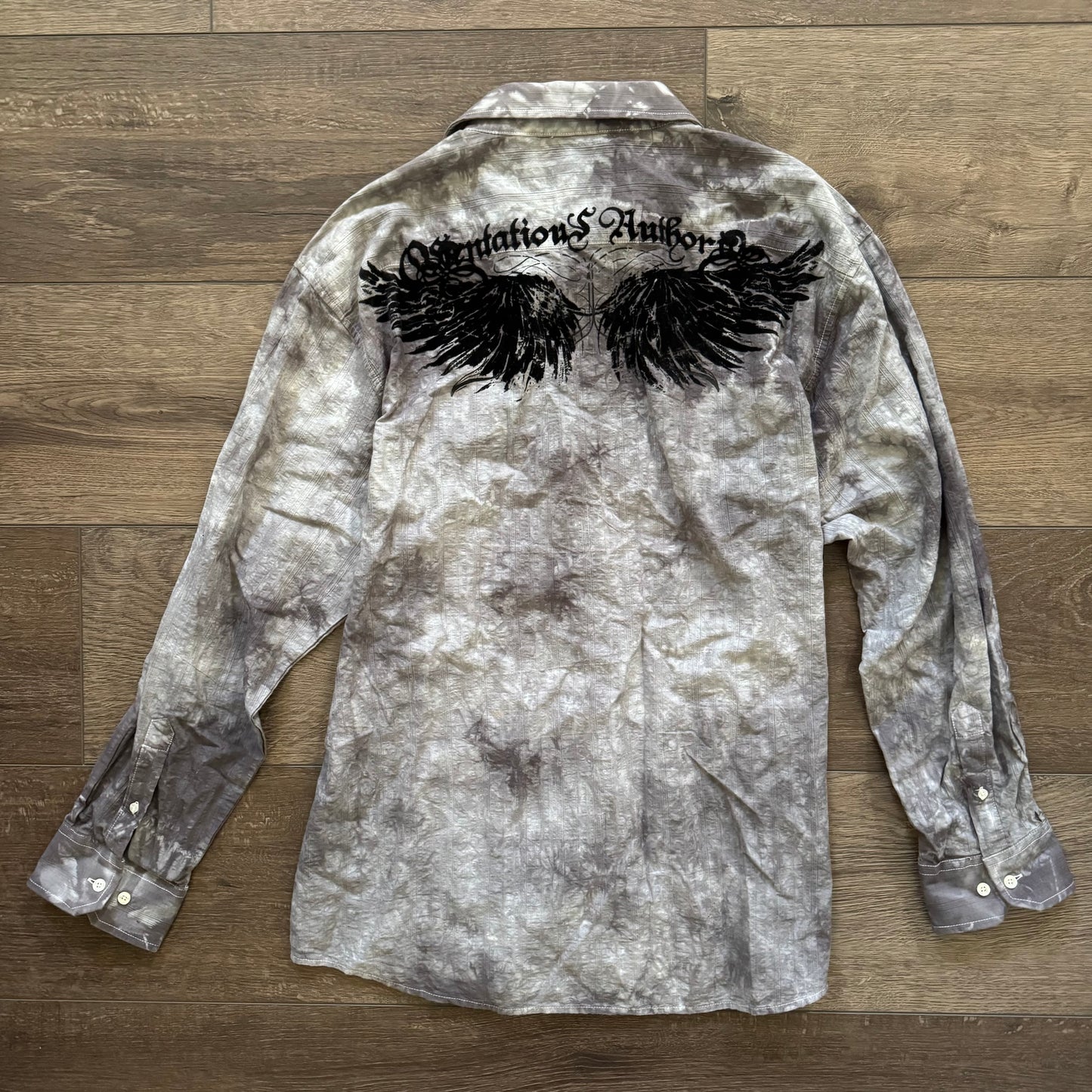 grey & black tie dye cybery2k cross button up men’s collared shirt