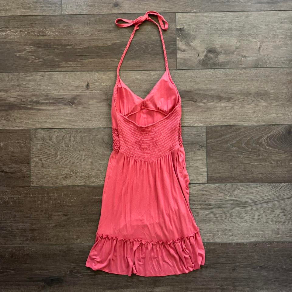 pink guess halter crochet detailing dress