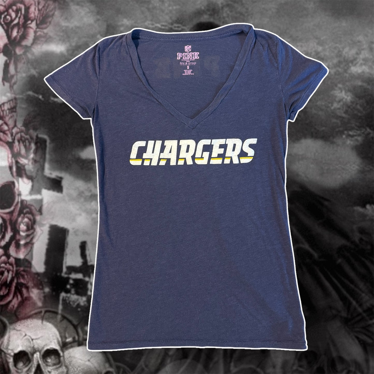 navy blue victoria’s secret PINK chargers v neck shirt (S)