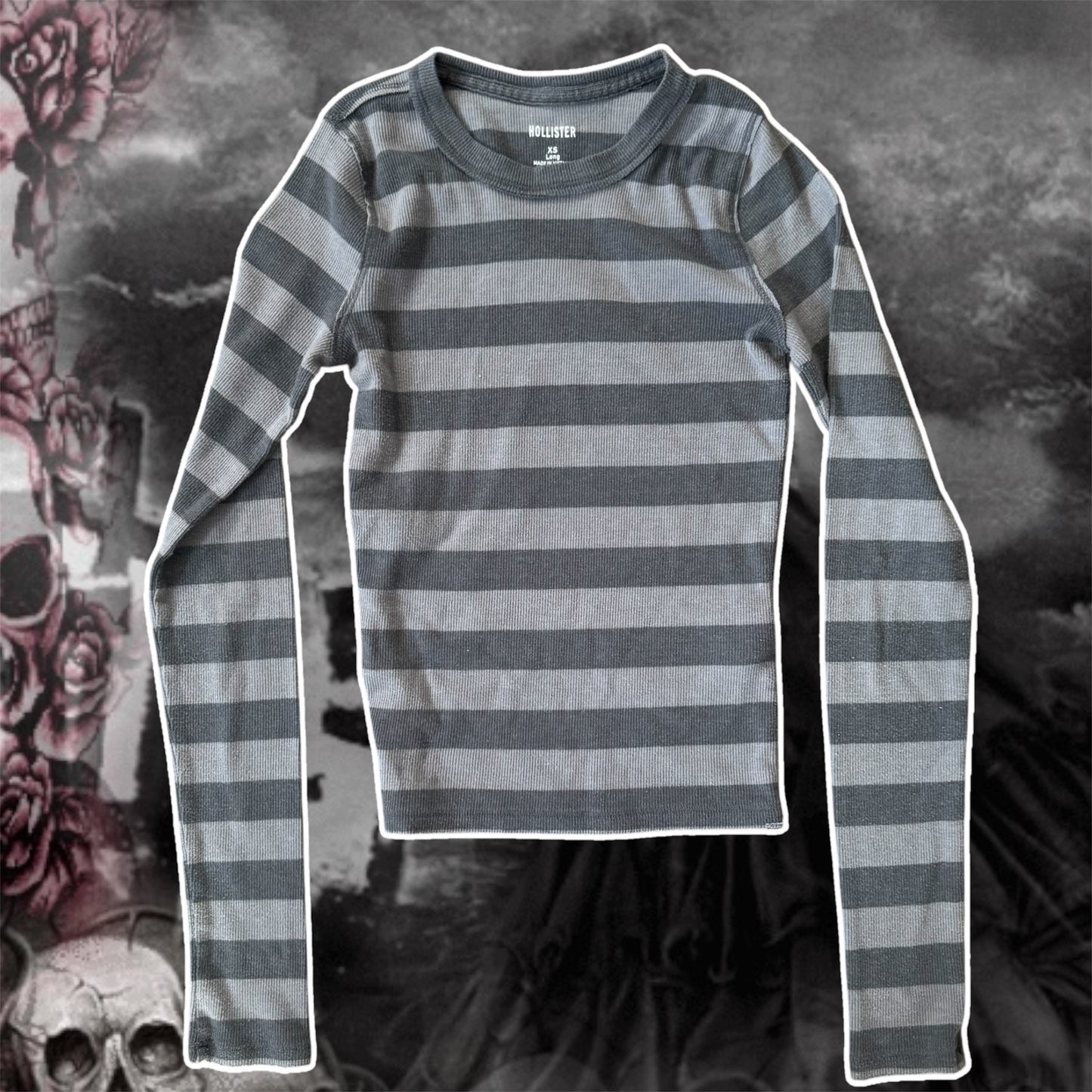 dark grey and light grey stripped hollister ribbed stretchy long sleeve shirt (xs)