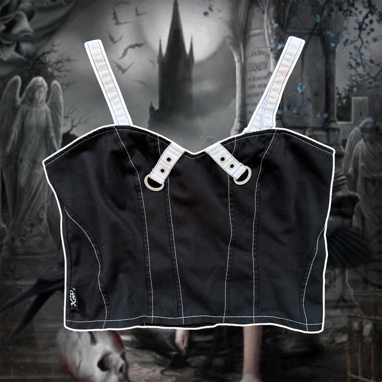 white and black royal bones corset crop y2k top (XL)