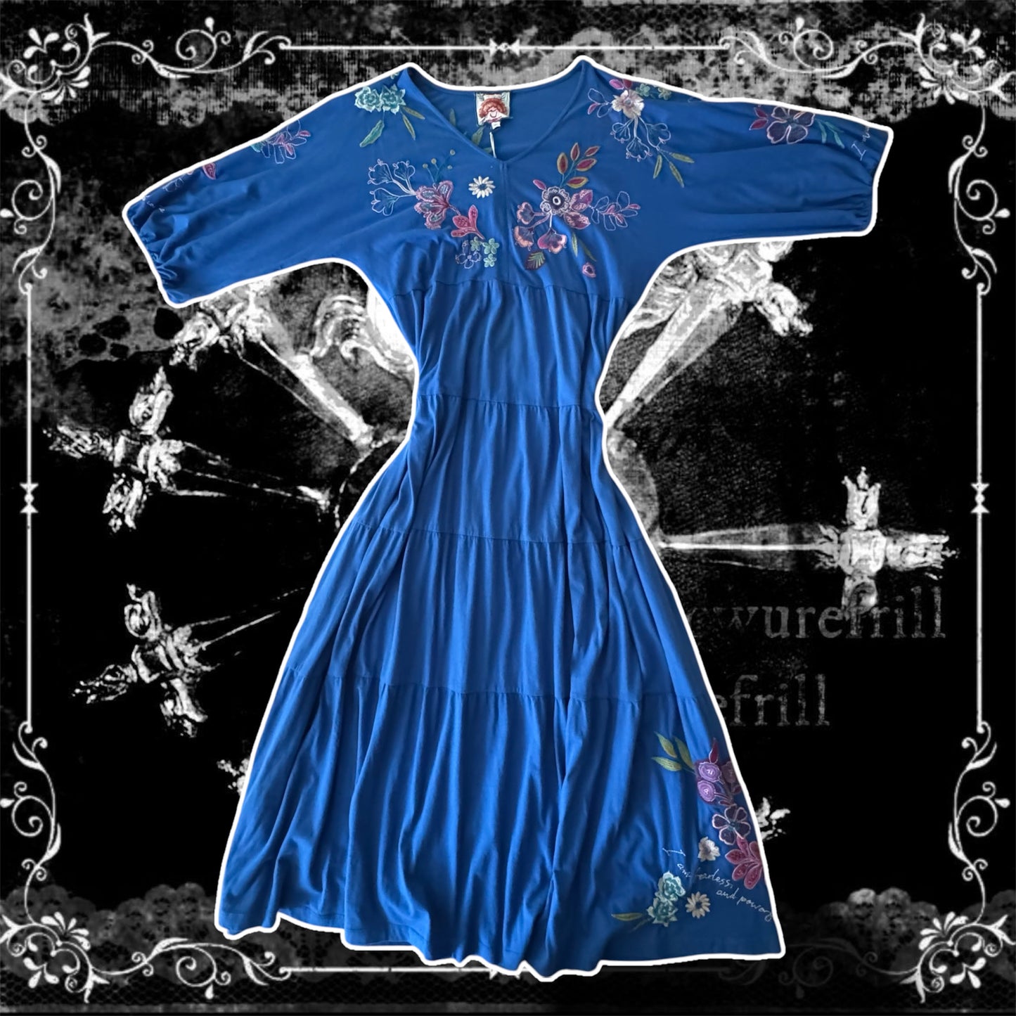 blue NWT boho floral johhny was inspiring embroidered words tiered dress