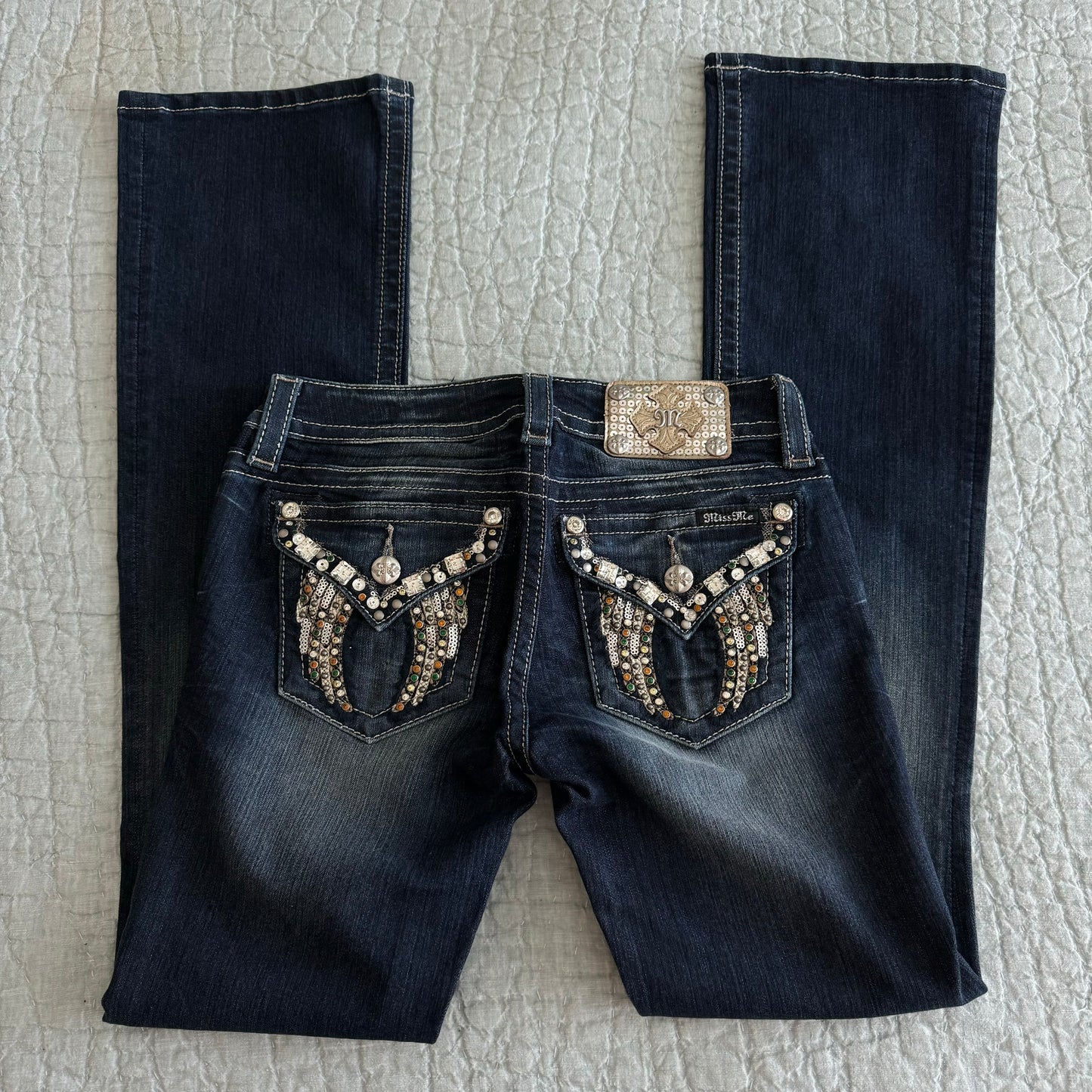 Dark Denim Blue ‘Miss Me’ Y2K Deadstock Embellished Angel Wings Bootcut Lowrise Jeans