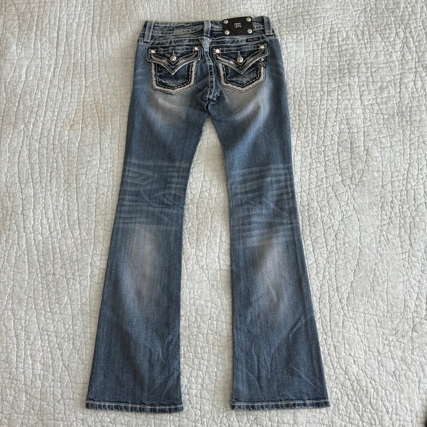 Denim Blue ‘Miss Me’ Deadstock Y2K Contrast Stitching Lowrise Bootcut Jeans