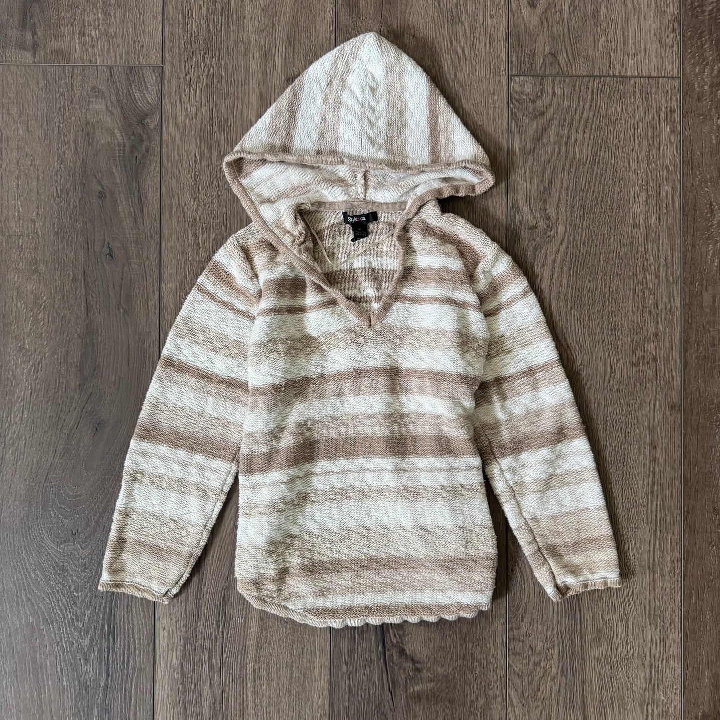 white and light brown striped boho sweater hoodie