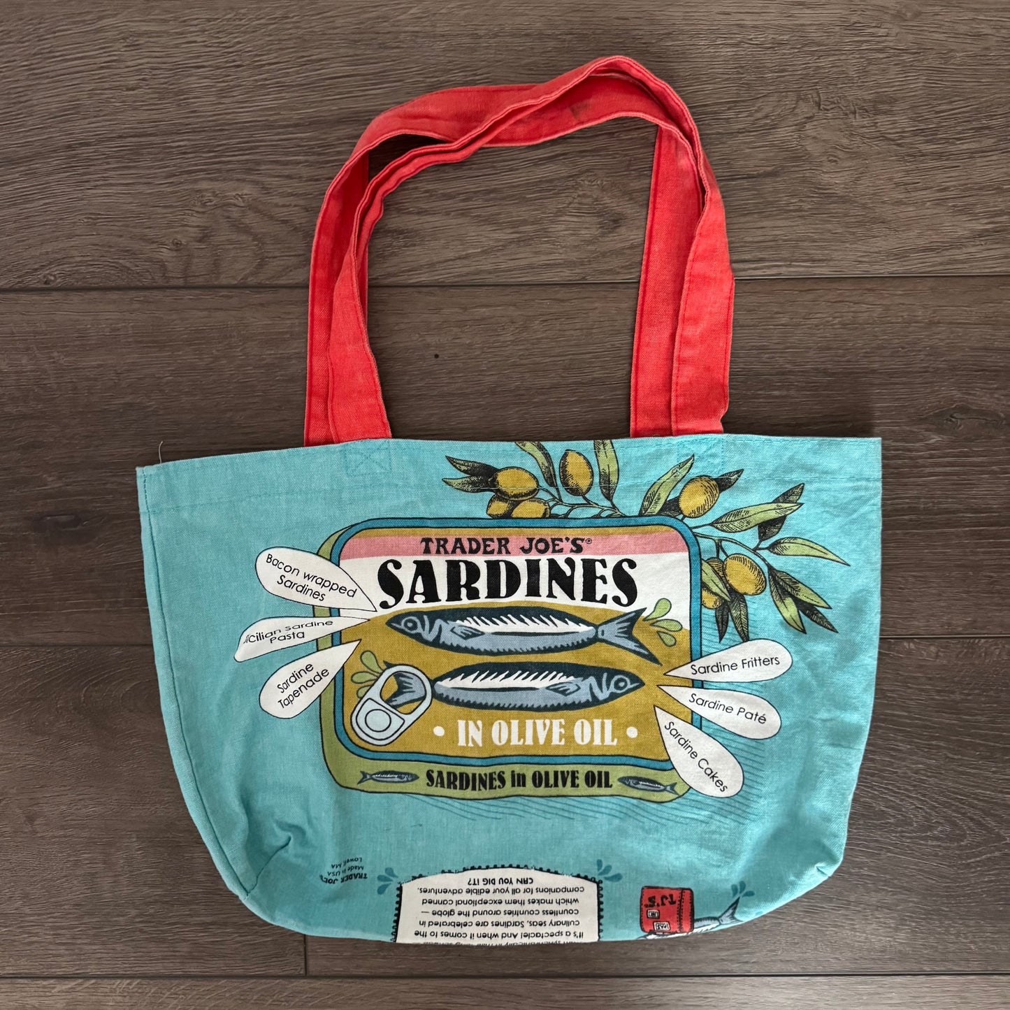 vibrant teal and red trader joe’s sardines tote bag