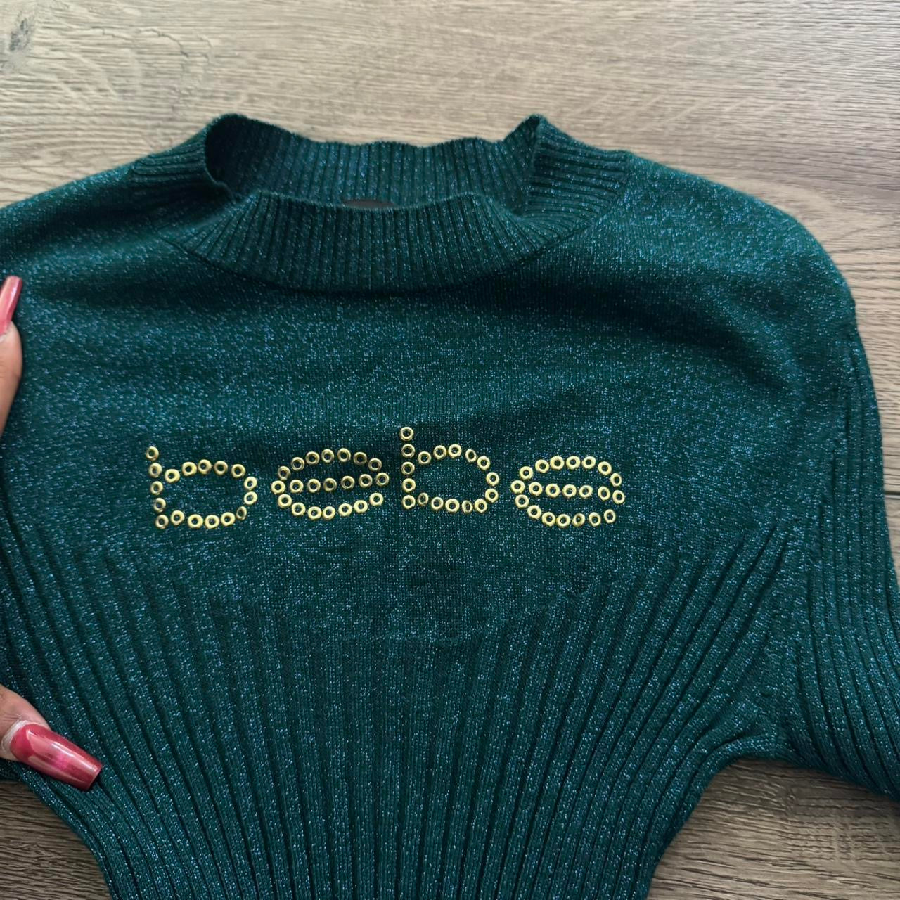 emerald green y2k studded bebe bell sleeve sweater