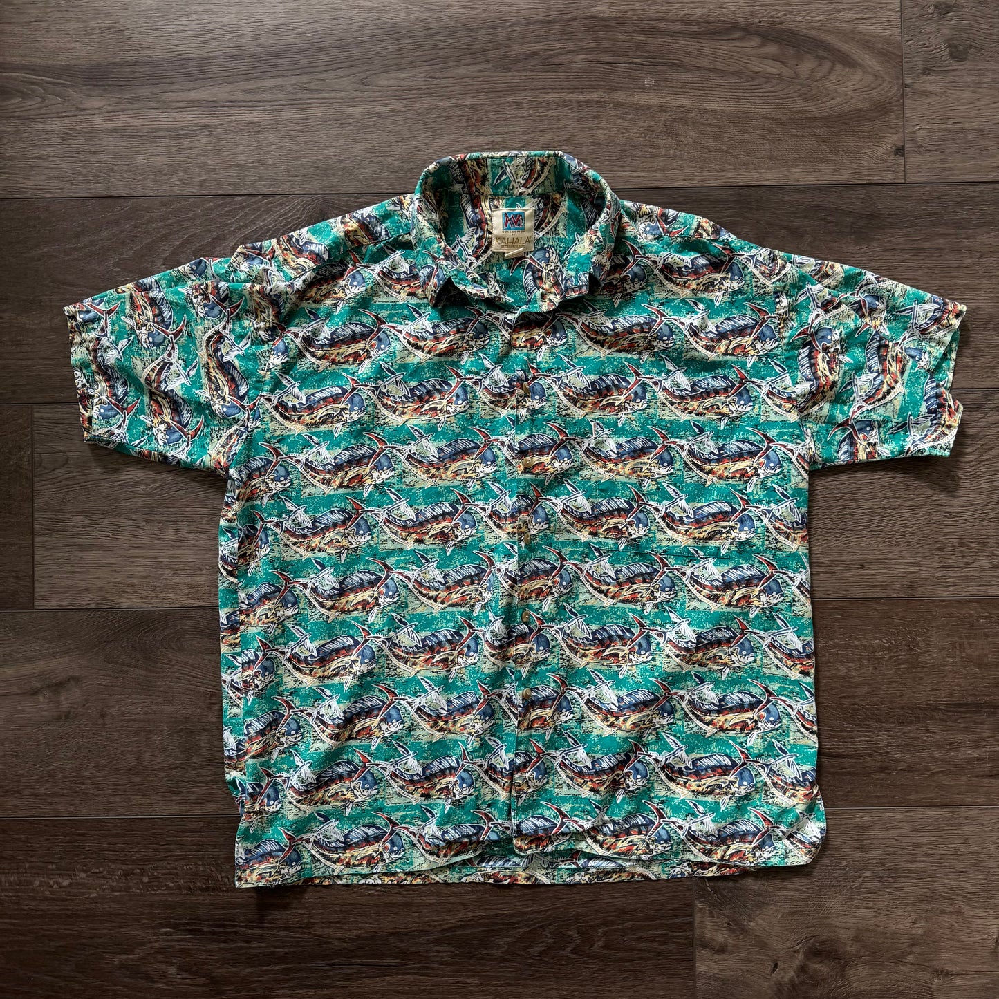green vintage hawaiian fish print button up short sleeve men’s shirt