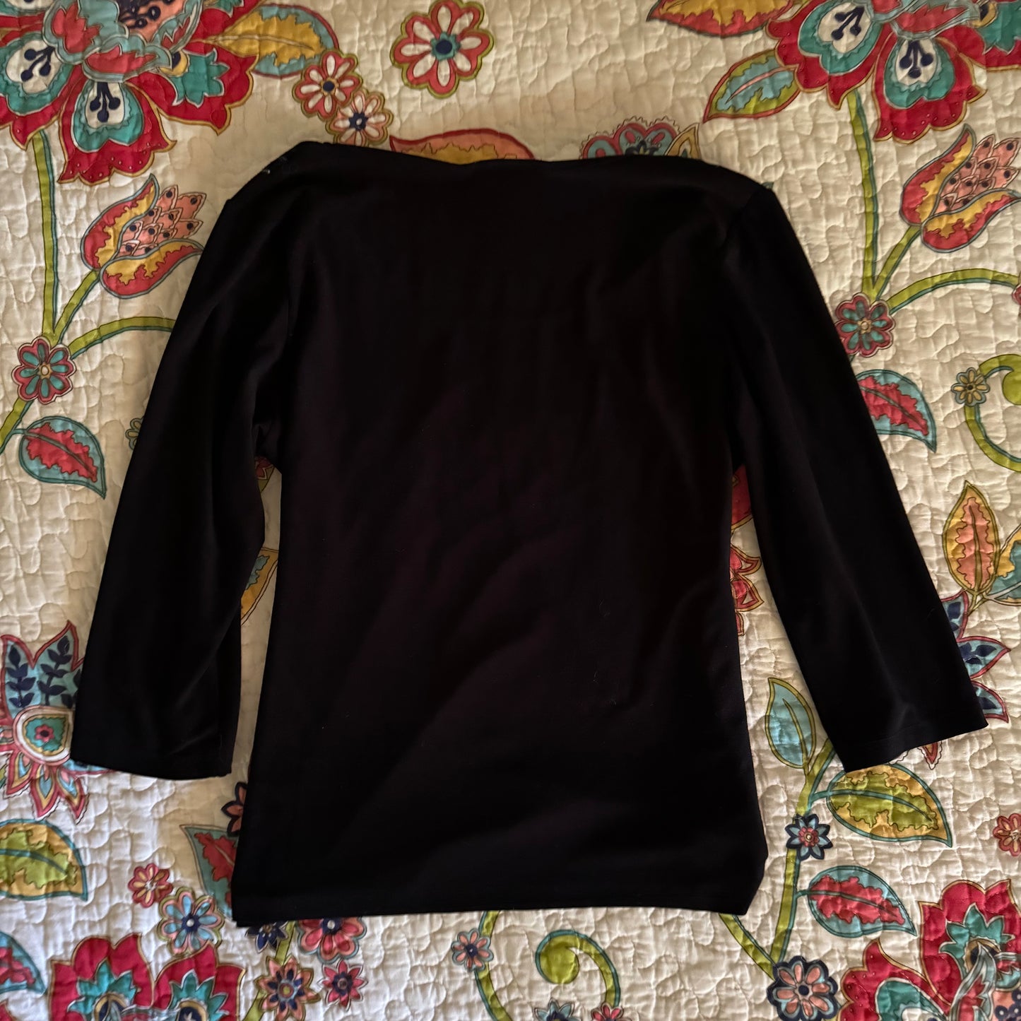 blue and black floral rhinestone y2k 3/4 sleeve blouse (M)