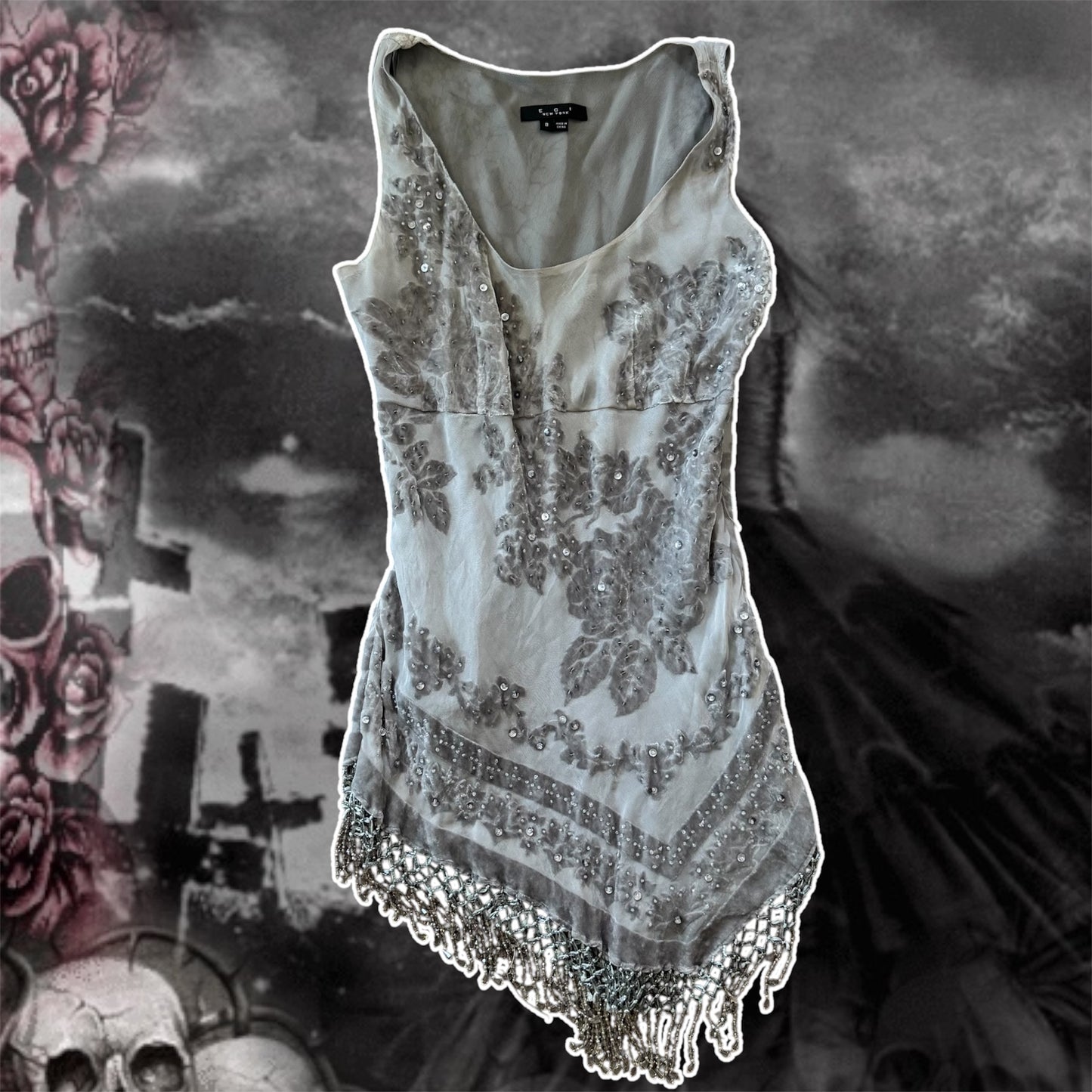 grey y2k sequin beaded silk asymmetrical dress (8)