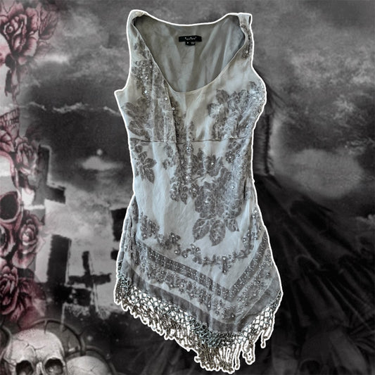 grey y2k sequin beaded silk asymmetrical dress (8)