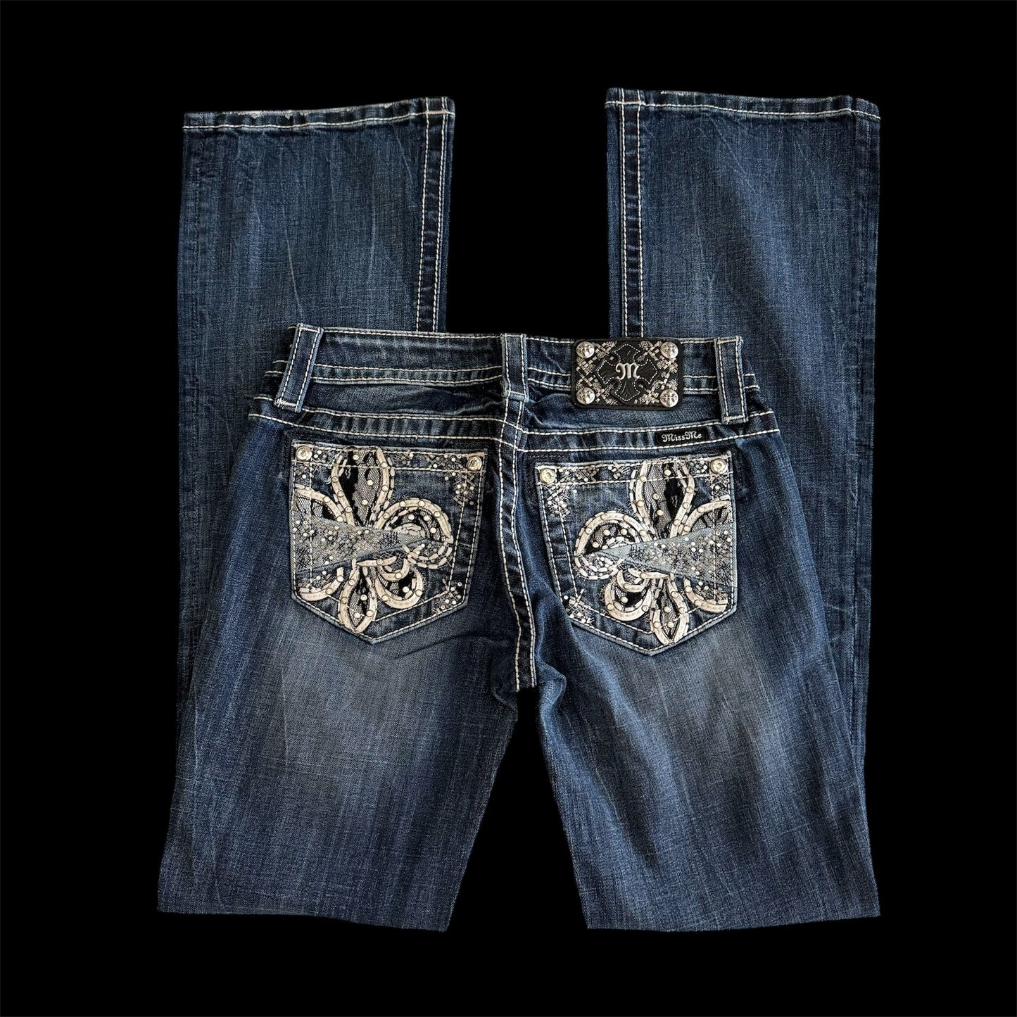 Denim Blue ‘Miss Me’ Embellished Fleur De Lis Y2K Lowrise Bootcut Jeans