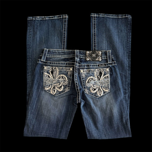 Denim Blue ‘Miss Me’ Embellished Fleur De Lis Y2K Lowrise Bootcut Jeans