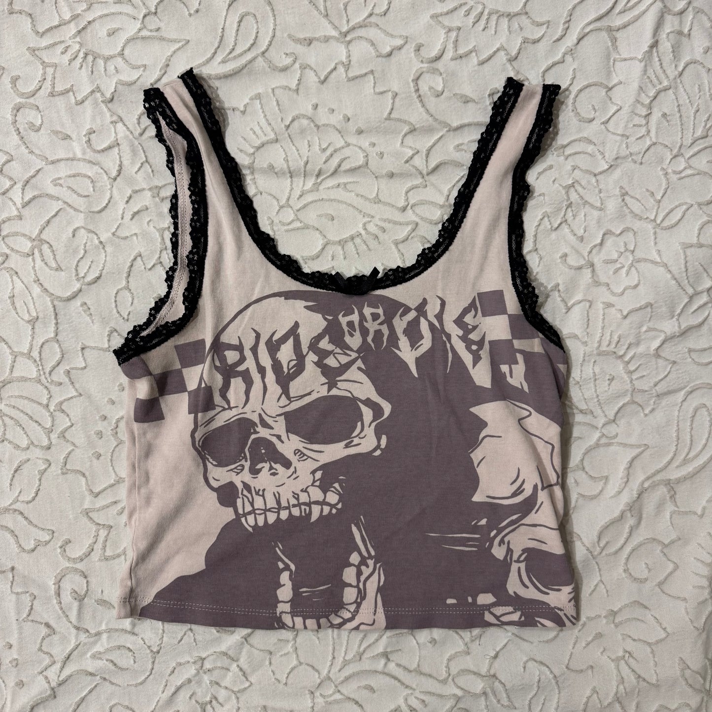 Beige & Black ‘NGOrder’ Lace Trim Skull Graphic Shirt