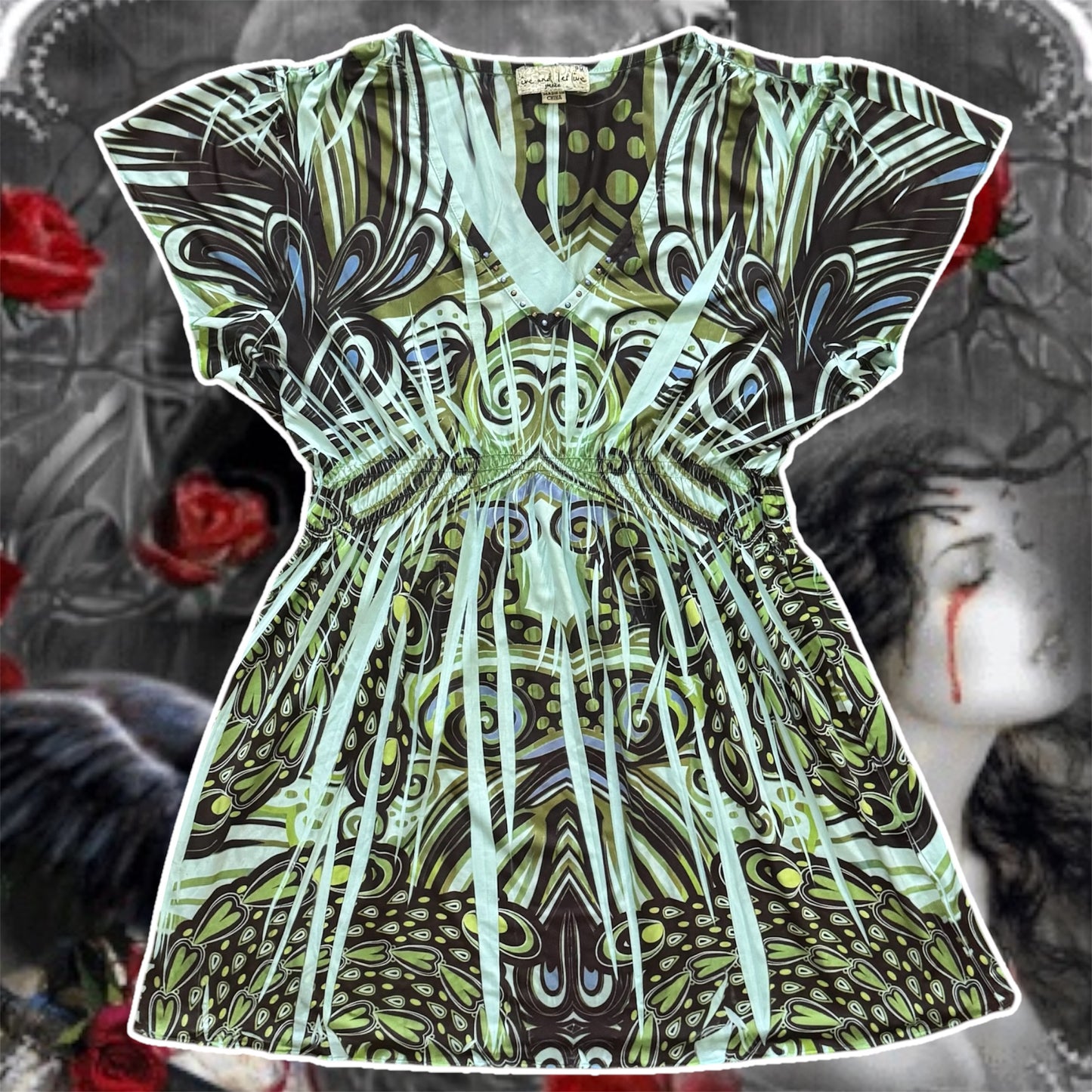 green whismy y2k v neck rhinestone trim blouse