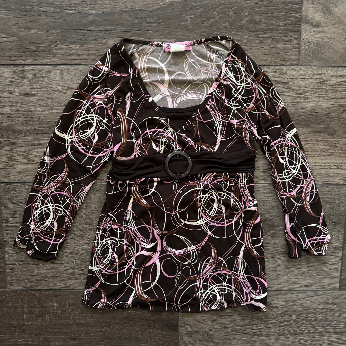 brown & pink boho y2k girls tie back blouse