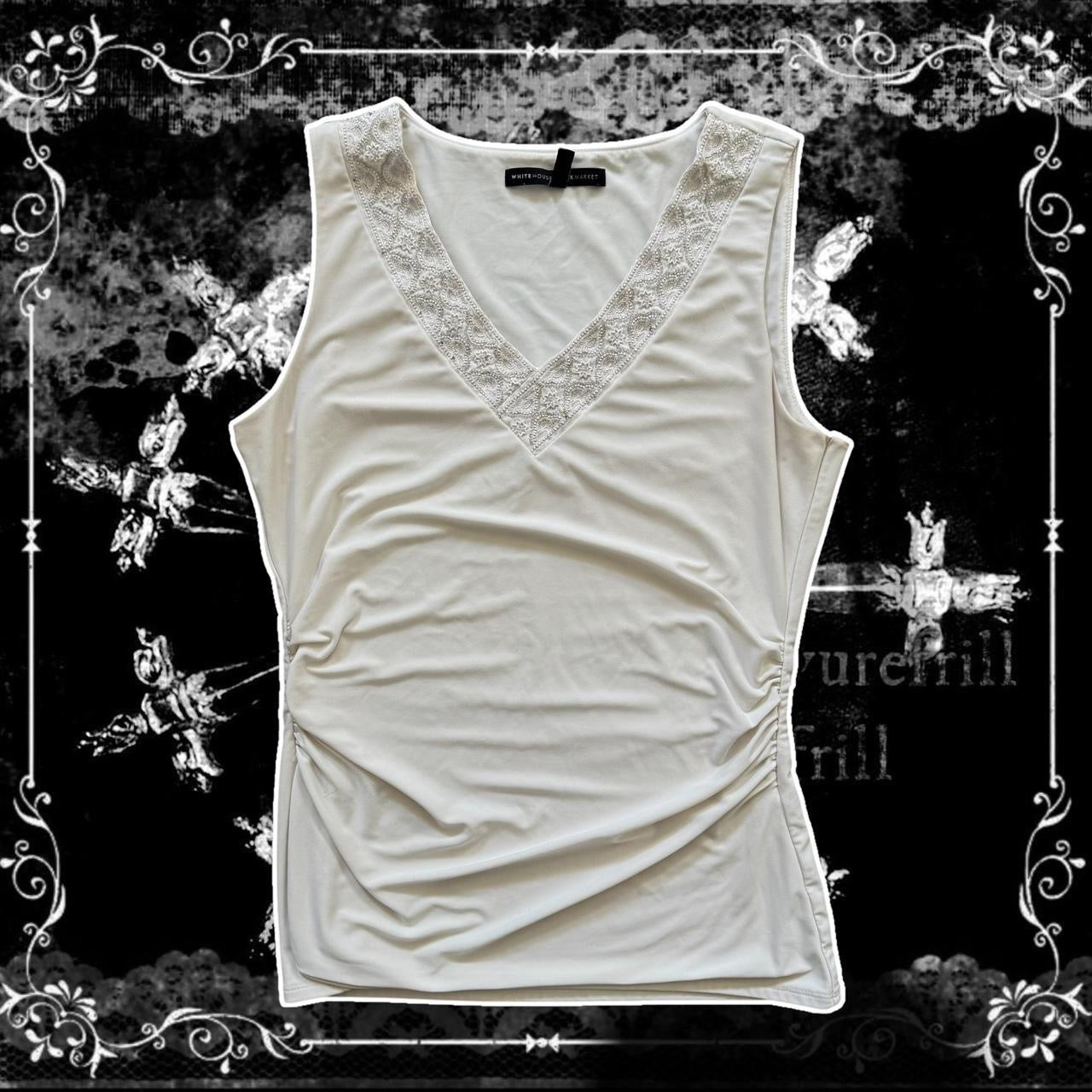 white sequin trim v neck ruched blouse