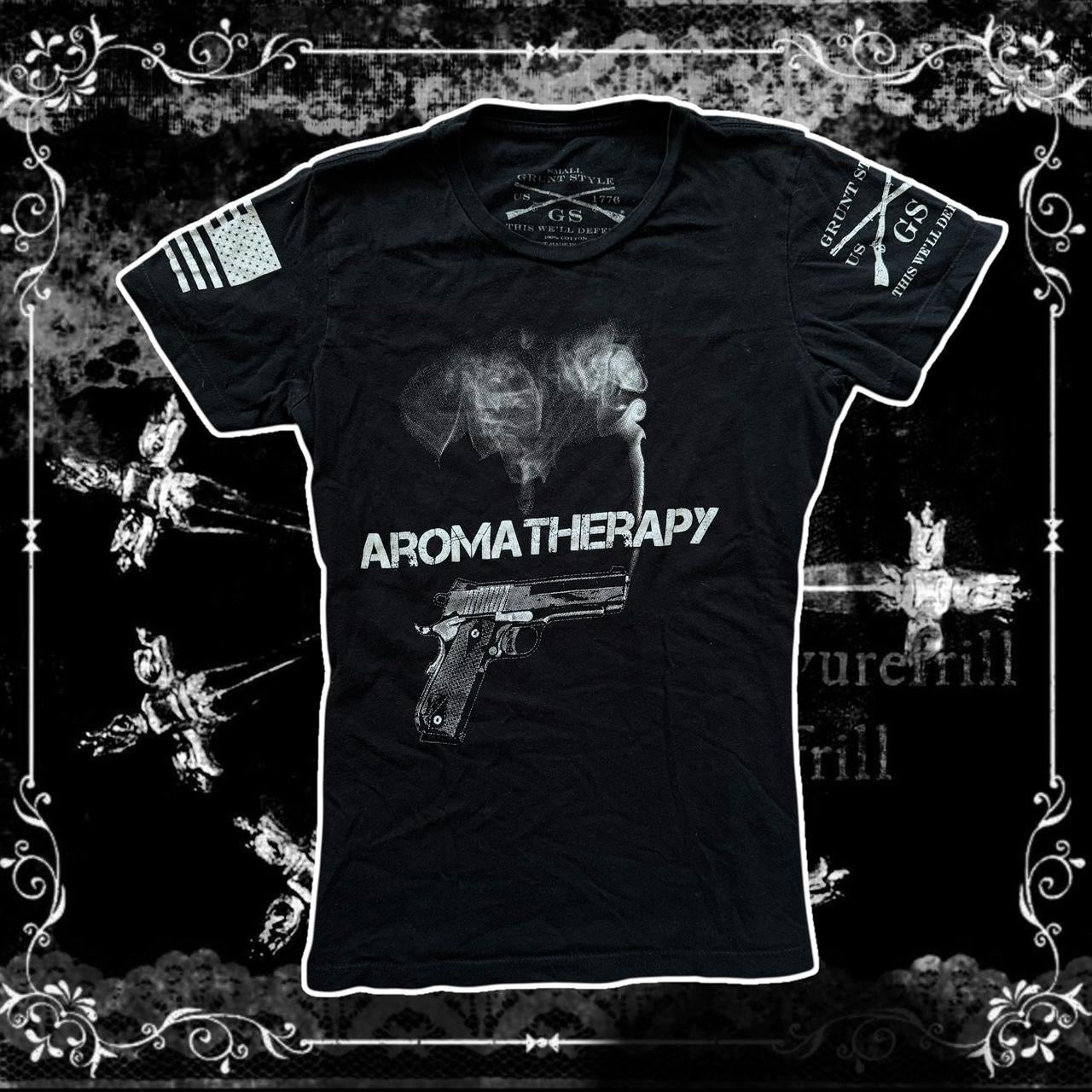 black & white aromatherapy gun graphic shirt