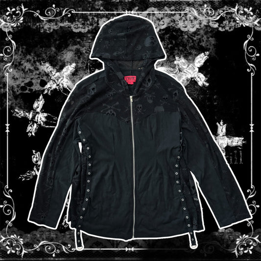 rare black tripp nyc mesh skull grungy zip up jacket hoodie