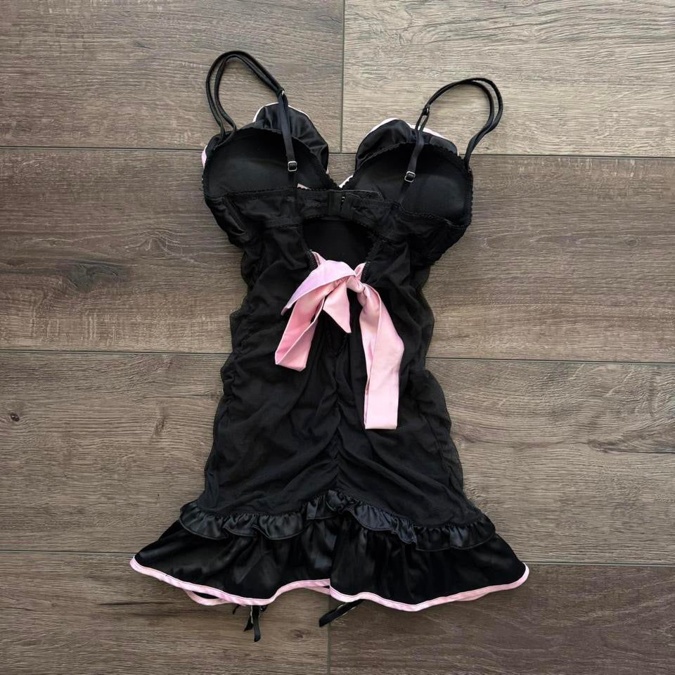 black & pink ruffle tie back gothic lingerie top