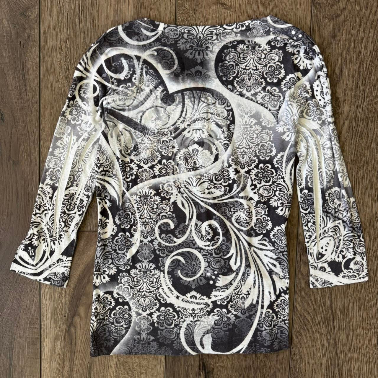 black & white rhinestone y2k gothic 3/4 sleeves shirt