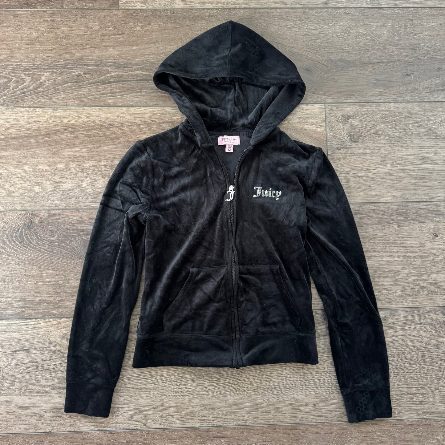 black juicy couture rhinestone zip up velvet jacket (M)