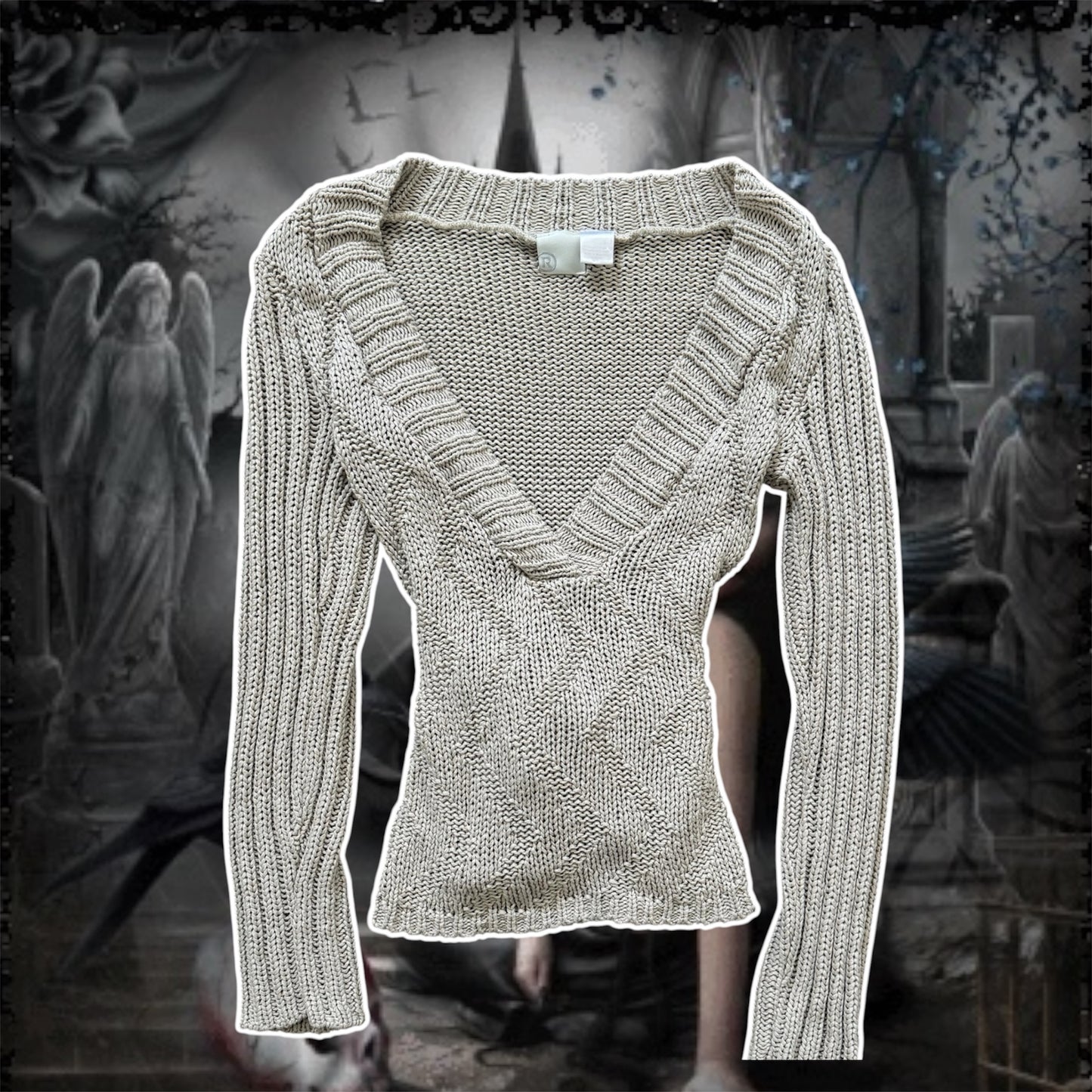 beige euro deep v neck sweater tie back blouse