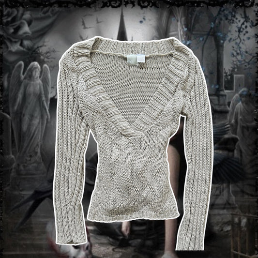 beige euro deep v neck sweater tie back blouse