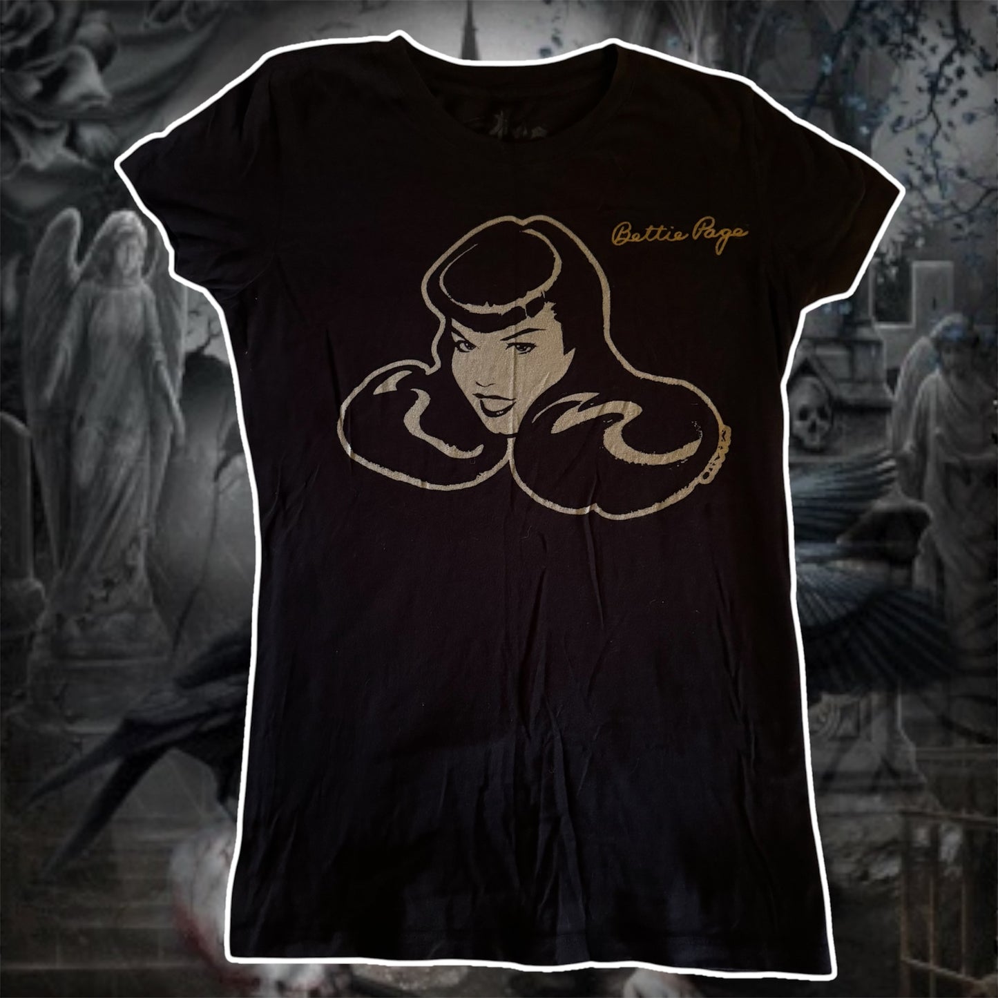 rare black bettie page graphic stretchy shirt (M)