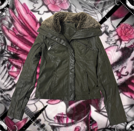 Army Green ‘Jou Jou’ Faux Fur Leather Moto Jacket