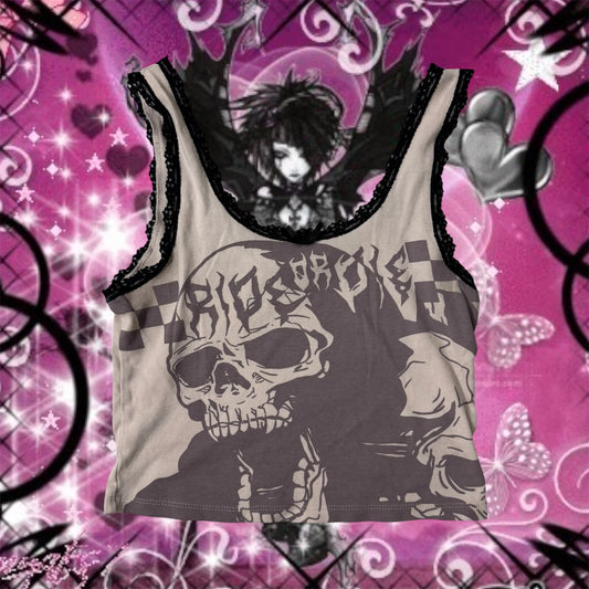 Beige & Black ‘NGOrder’ Lace Trim Skull Graphic Shirt