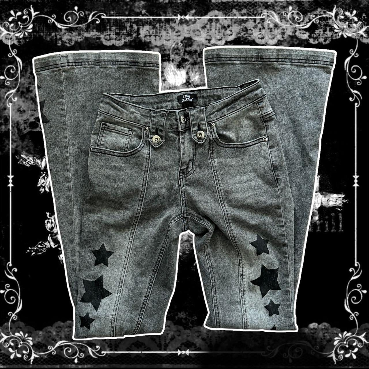 black social collision star embroidered midrise bootcut jeans
