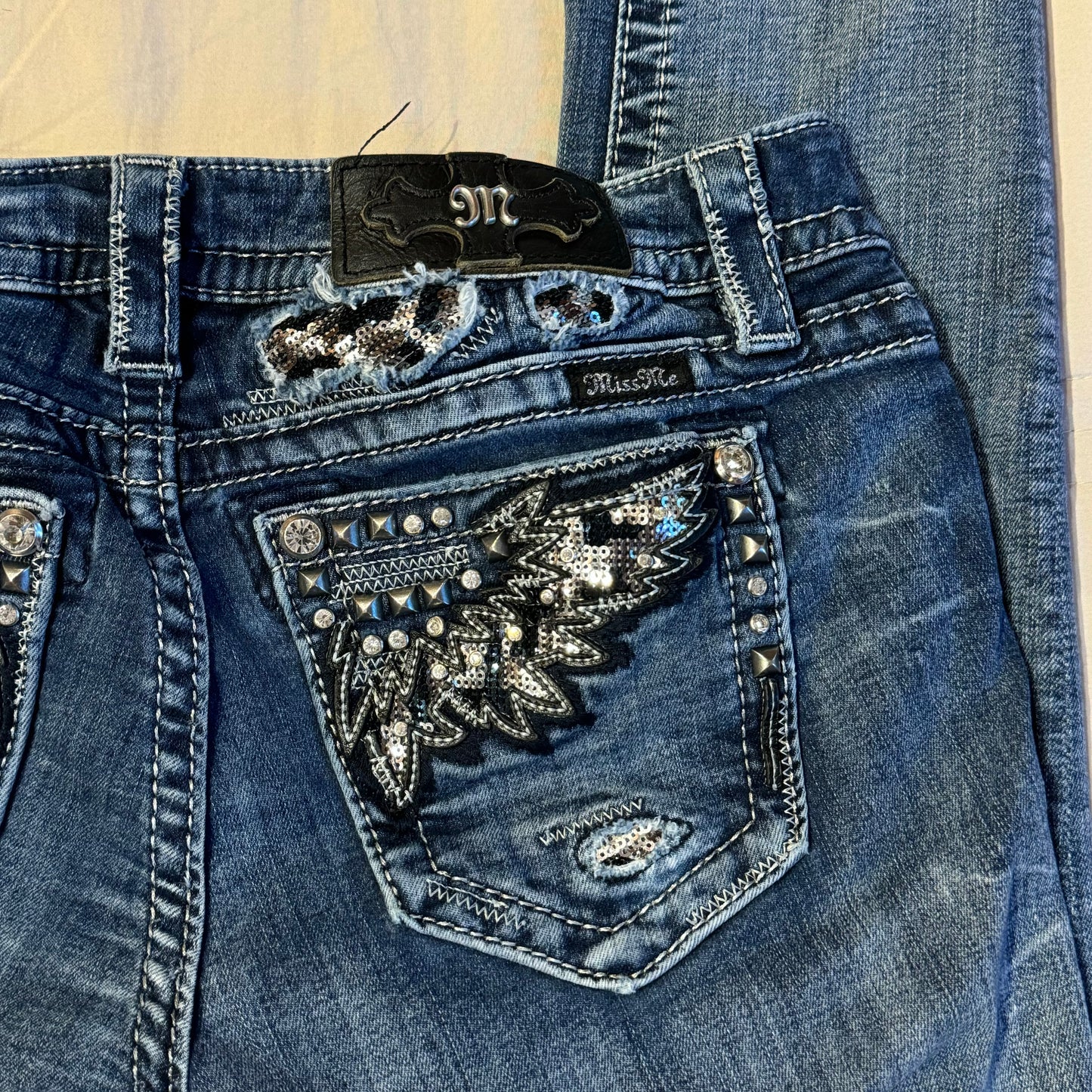 Denim Blue ‘Miss Me’ Angel Wings Zebra Print Sequin Embellished Low Rise Skinny Jeans