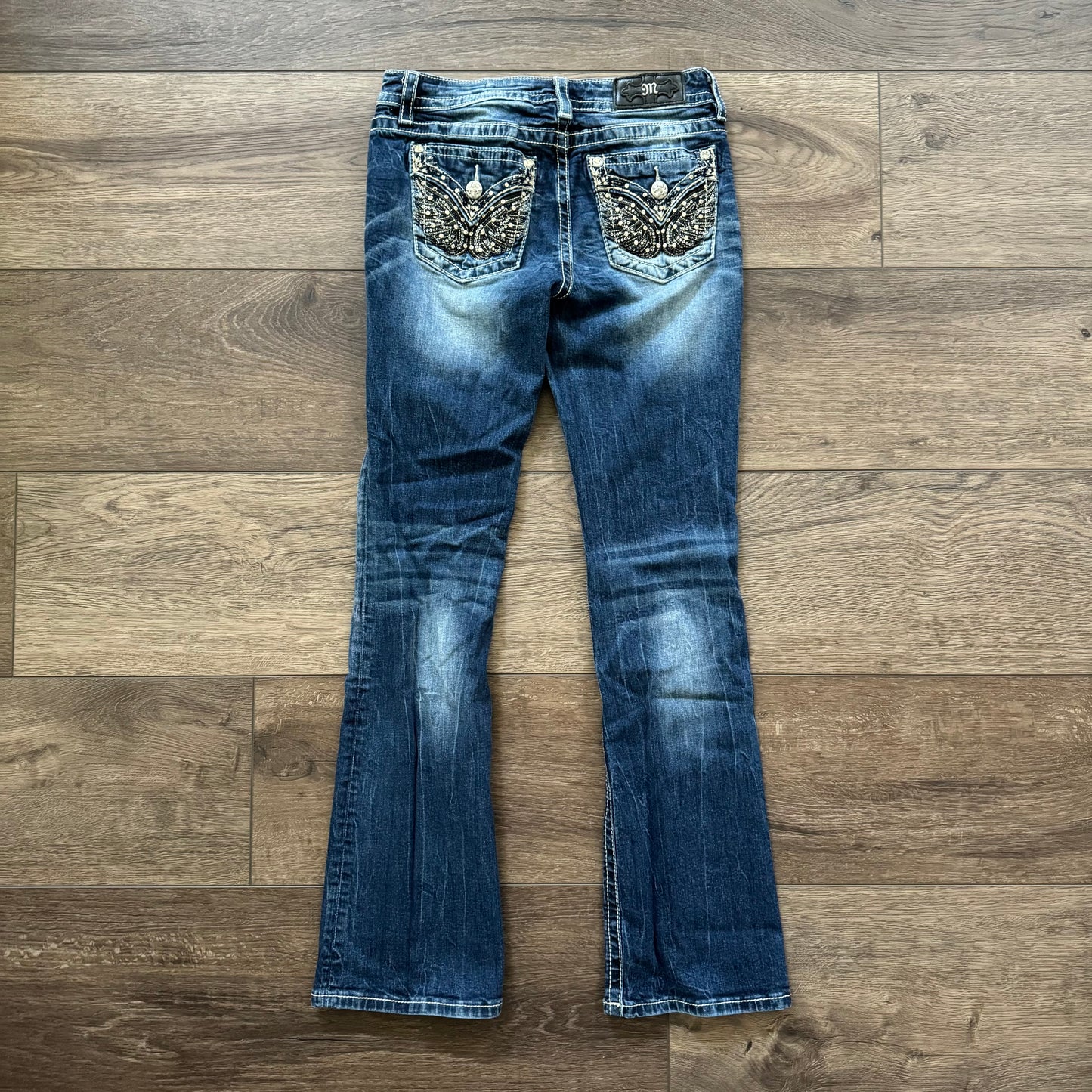 denim blue miss me rhinestone angel wings