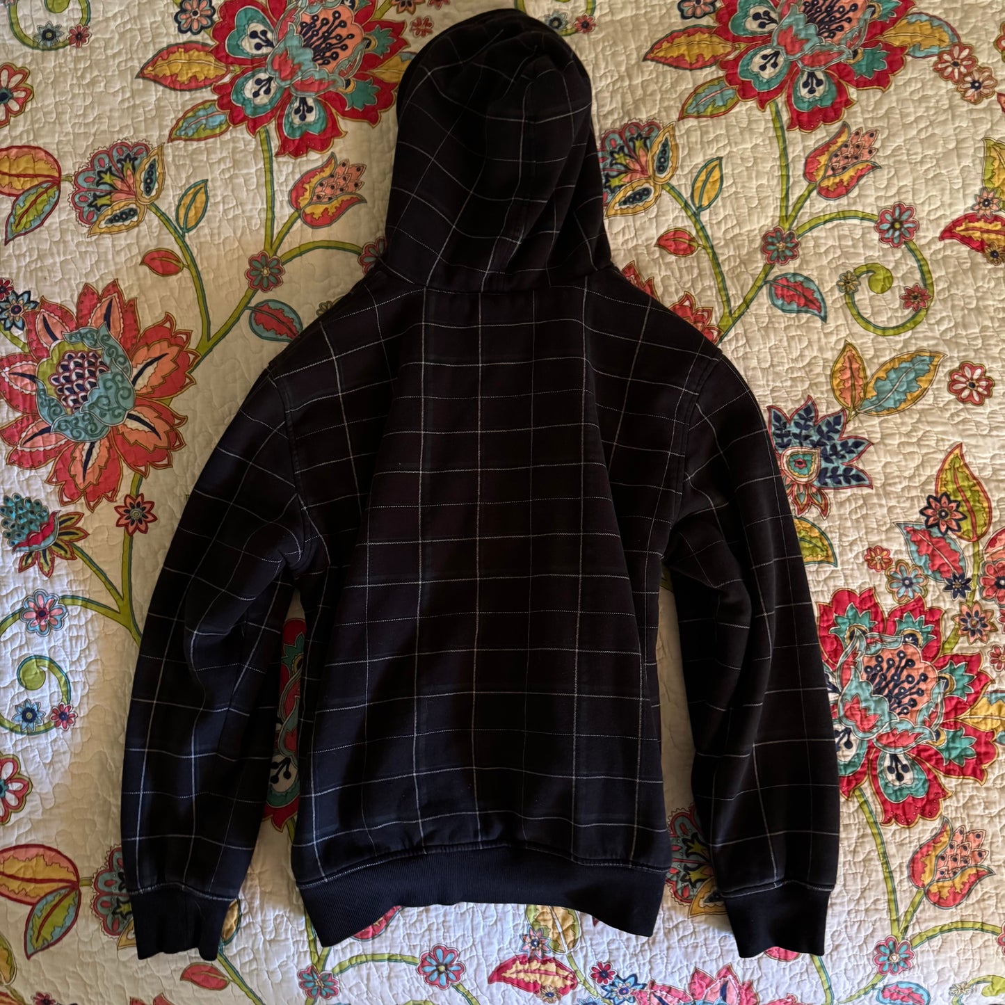 black & gray o’neil plaid sherpa y2k surfer zip up jacket (xl)