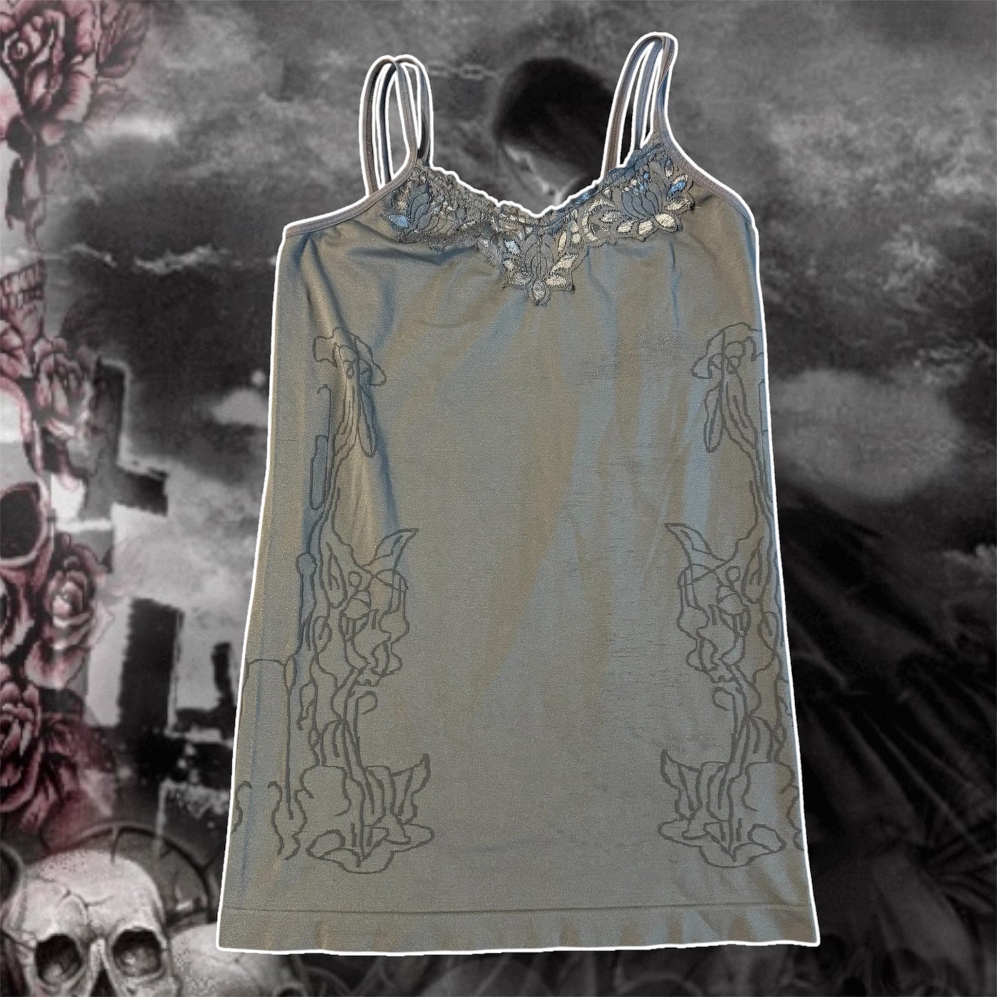 dark grey floral stretchy lace trim cami top (OS)