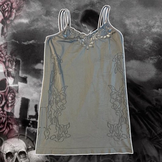 dark grey floral stretchy lace trim cami top (OS)