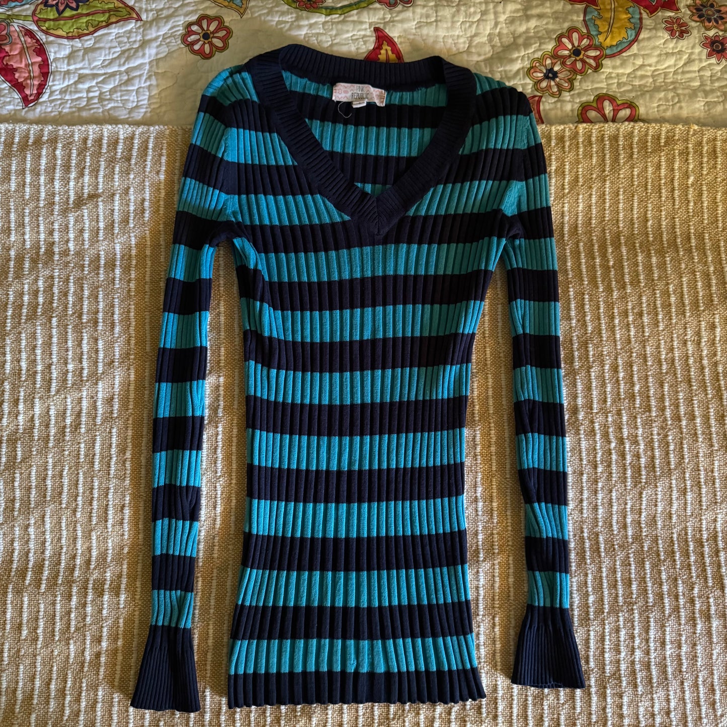 blue pink republic stripped fitted long sleeve shirt (S)