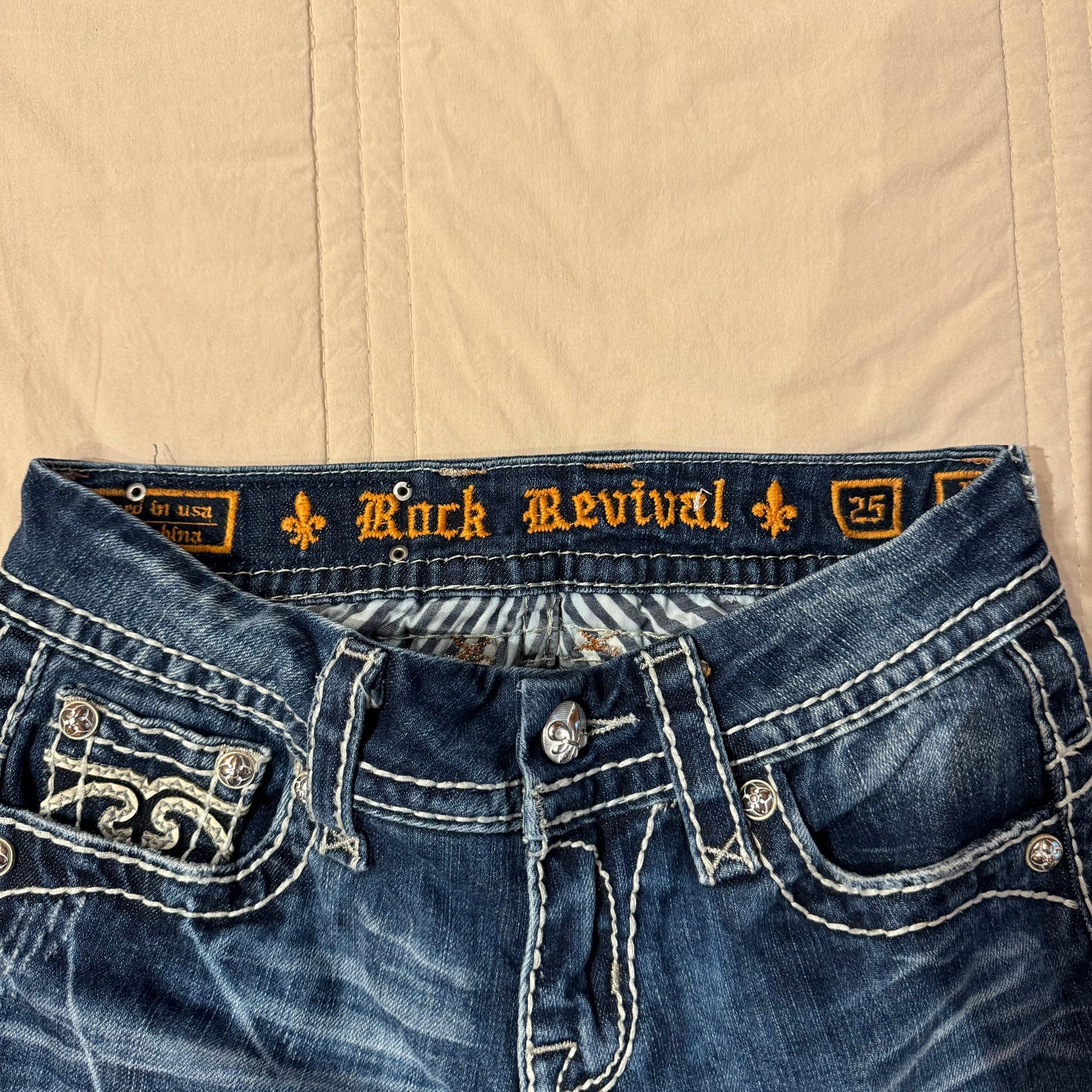 Denim Blue ‘Rock Revival’ Mcbling Embellished Y2K Lowrise Slim Straight Jeans