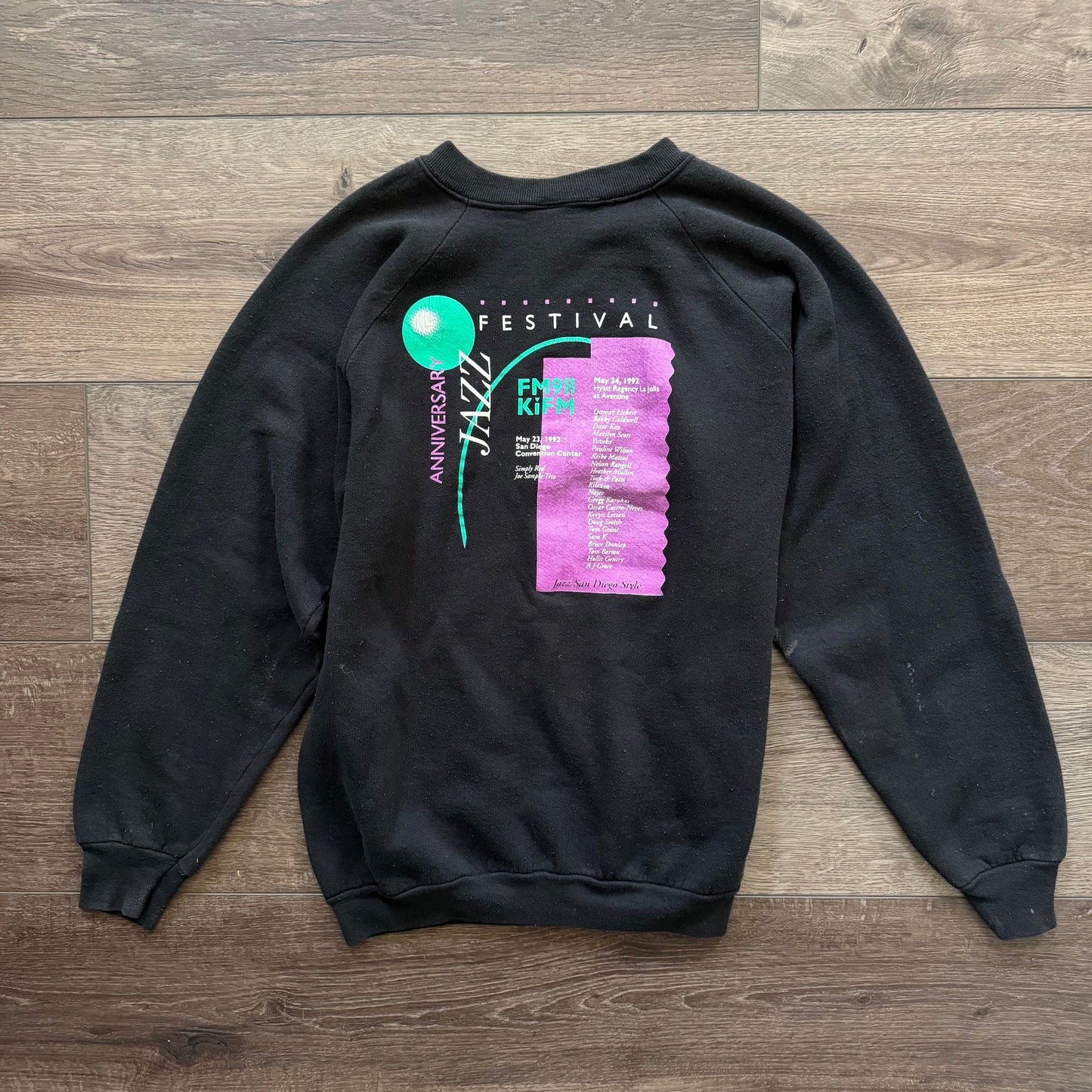 black 80s san diego jazz fm98 kifm long sleeve sweater