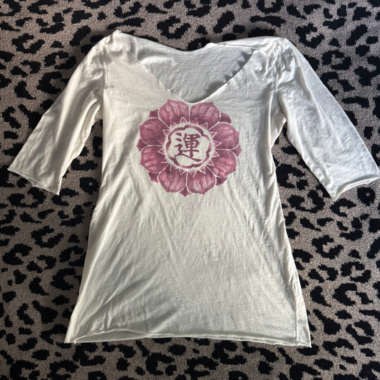 white 3/4 quarter sleeve lucky brand vintage 90’s lotus flower top (L)