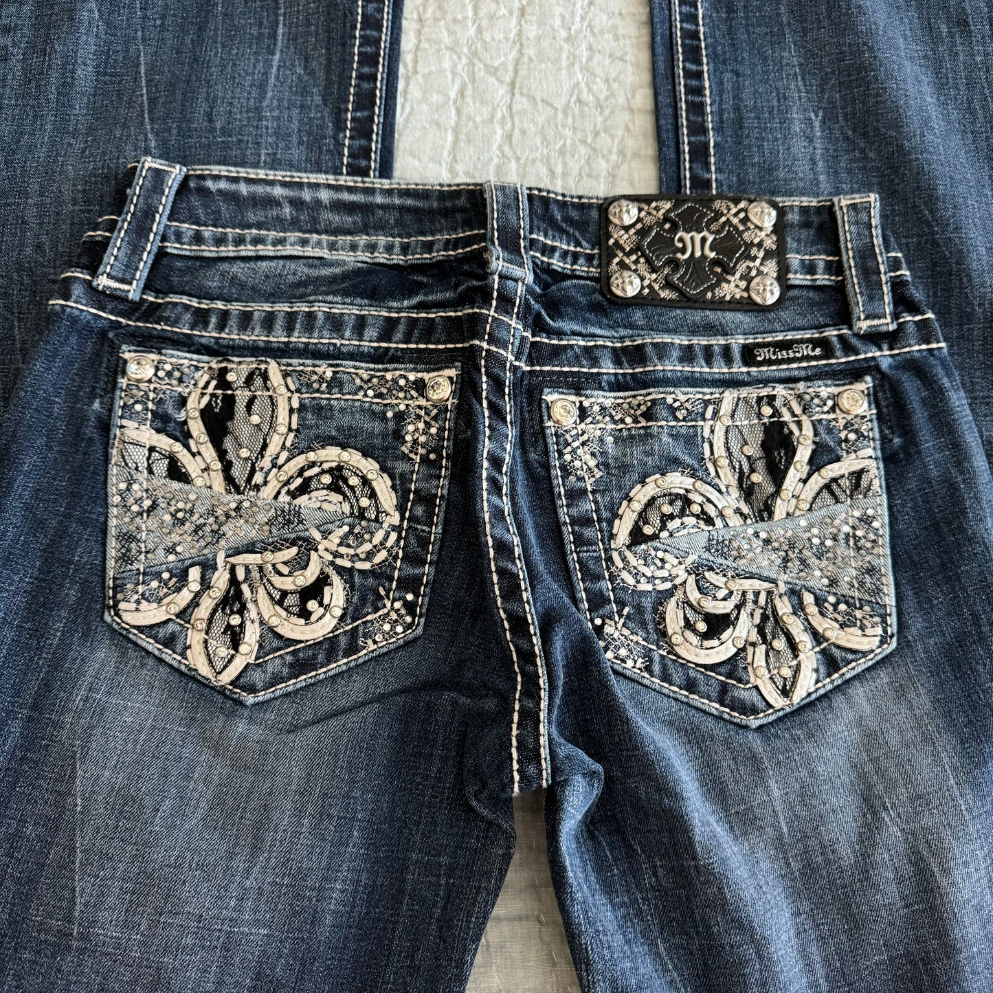 Denim Blue ‘Miss Me’ Embellished Fleur De Lis Y2K Lowrise Bootcut Jeans