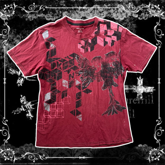 red & black cybery2k grungy men’s distressed graphic shirt