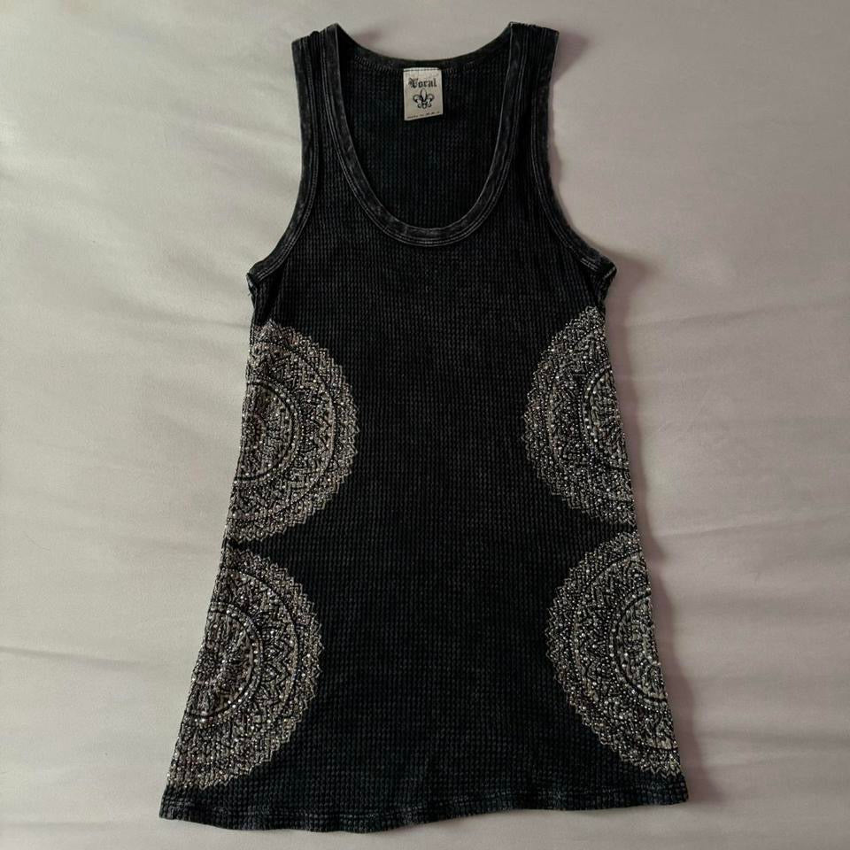 Dark Grey ‘Vocal’ Rhinestone Stretchy Tank Top