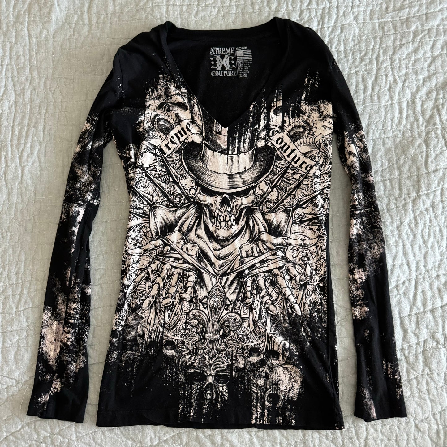 Black & White ‘Xtreme Couture’ Cybery2k Graphic Skull Long Sleeve Shirt