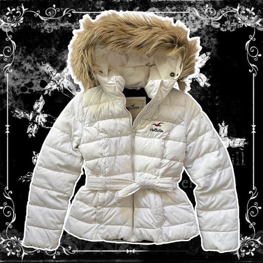 white hollister y2k faux fur puffer belt jacket