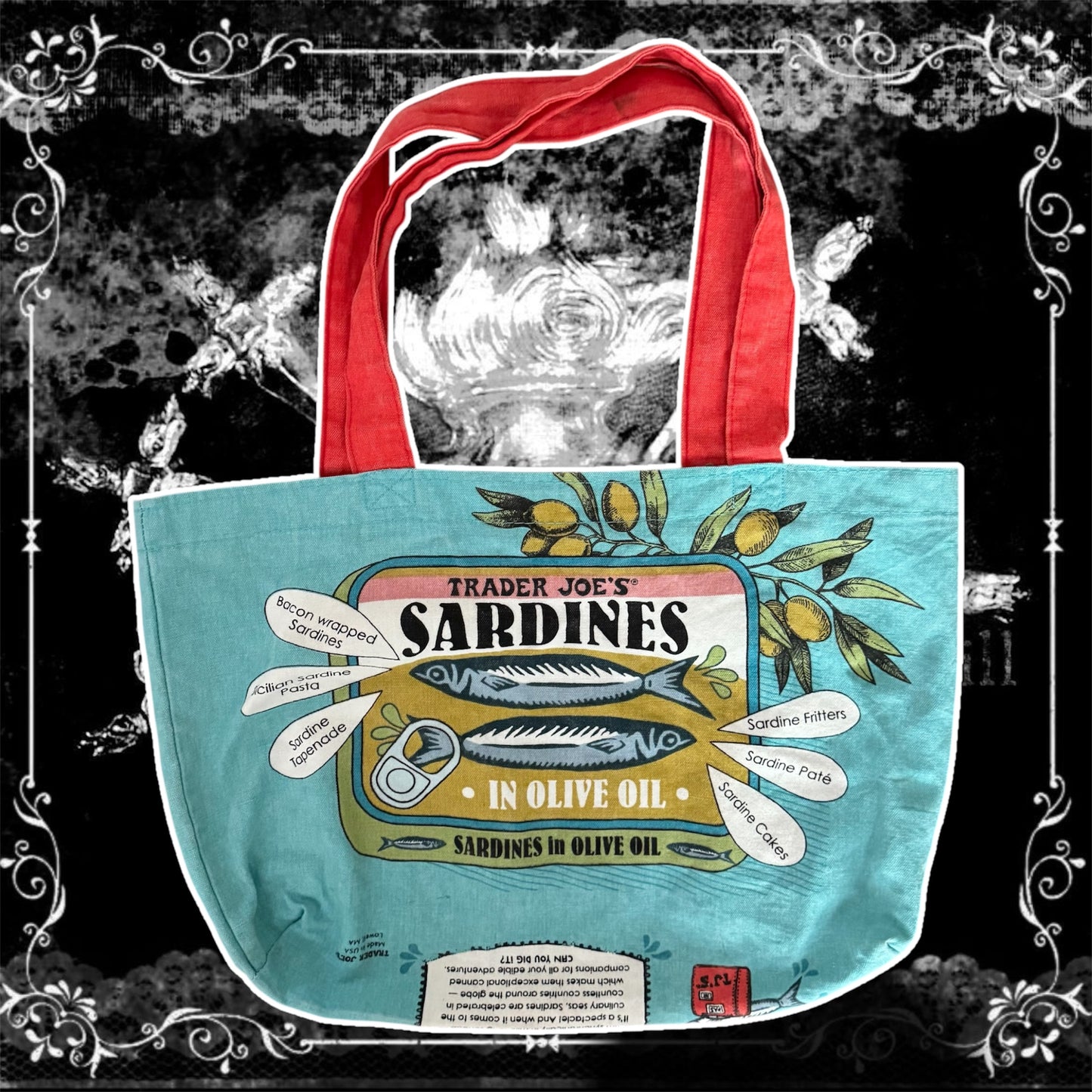 vibrant teal and red trader joe’s sardines tote bag
