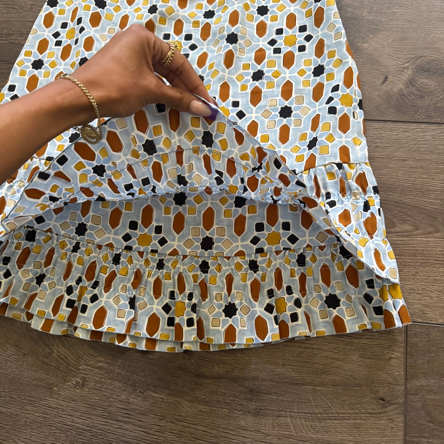 blue multicolored prada tiered midi skirt